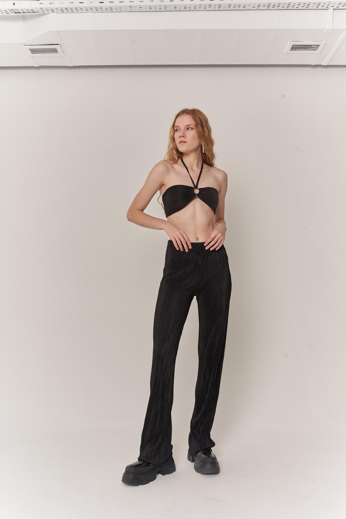 Kadın Siyah Crop Bağlamalı Cardy Bluz