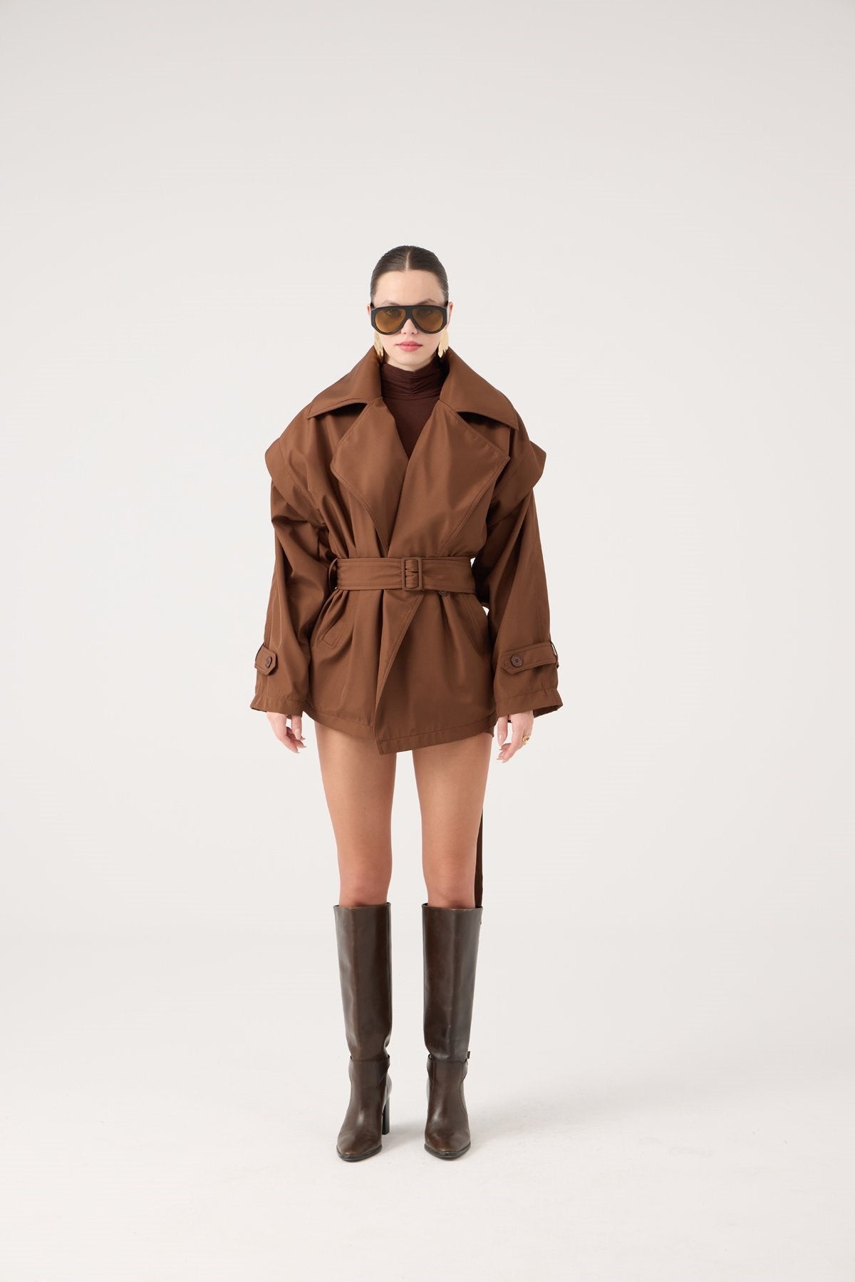 Kemerli Oversize Kesim Sara Trençkot Kahve