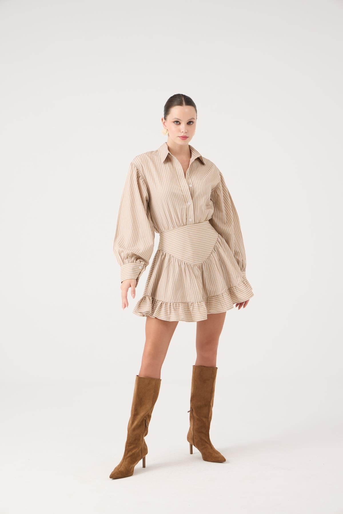 Korse Görünümlü Mini Ashley Elbise Bej