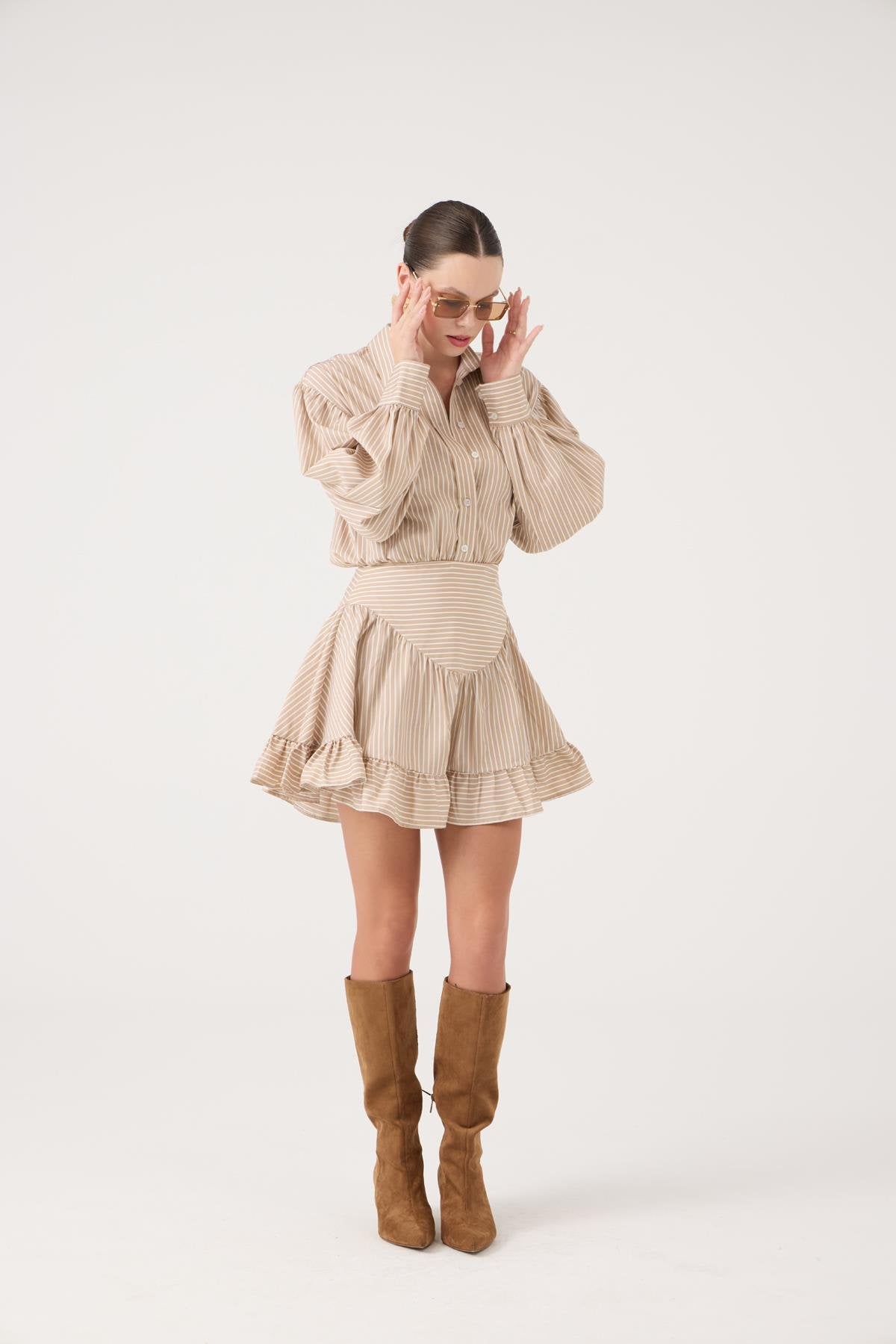 Korse Görünümlü Mini Ashley Elbise Bej