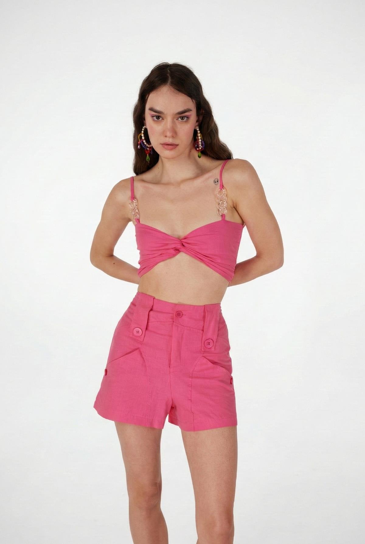 Koton Kumaş Şeffaf Rise Zincir Detaylı Bluz Pembe