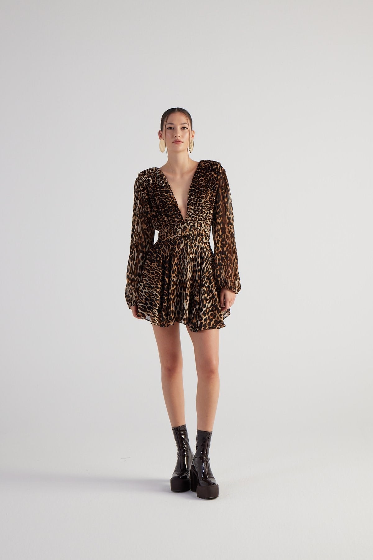 Leopar Desenli V Yaka Mini Janet Elbise Kahve