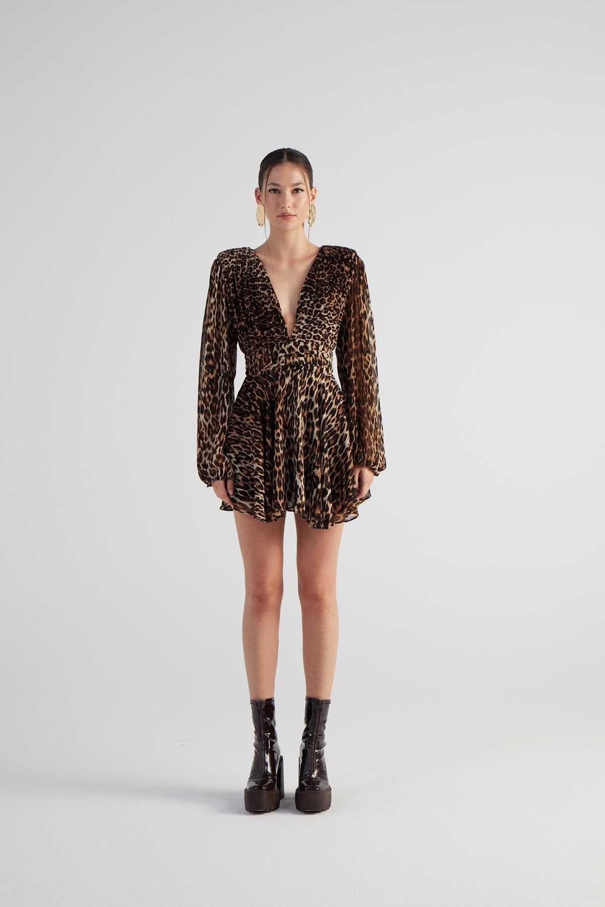 Leopar Desenli V Yaka Mini Janet Elbise Kahve