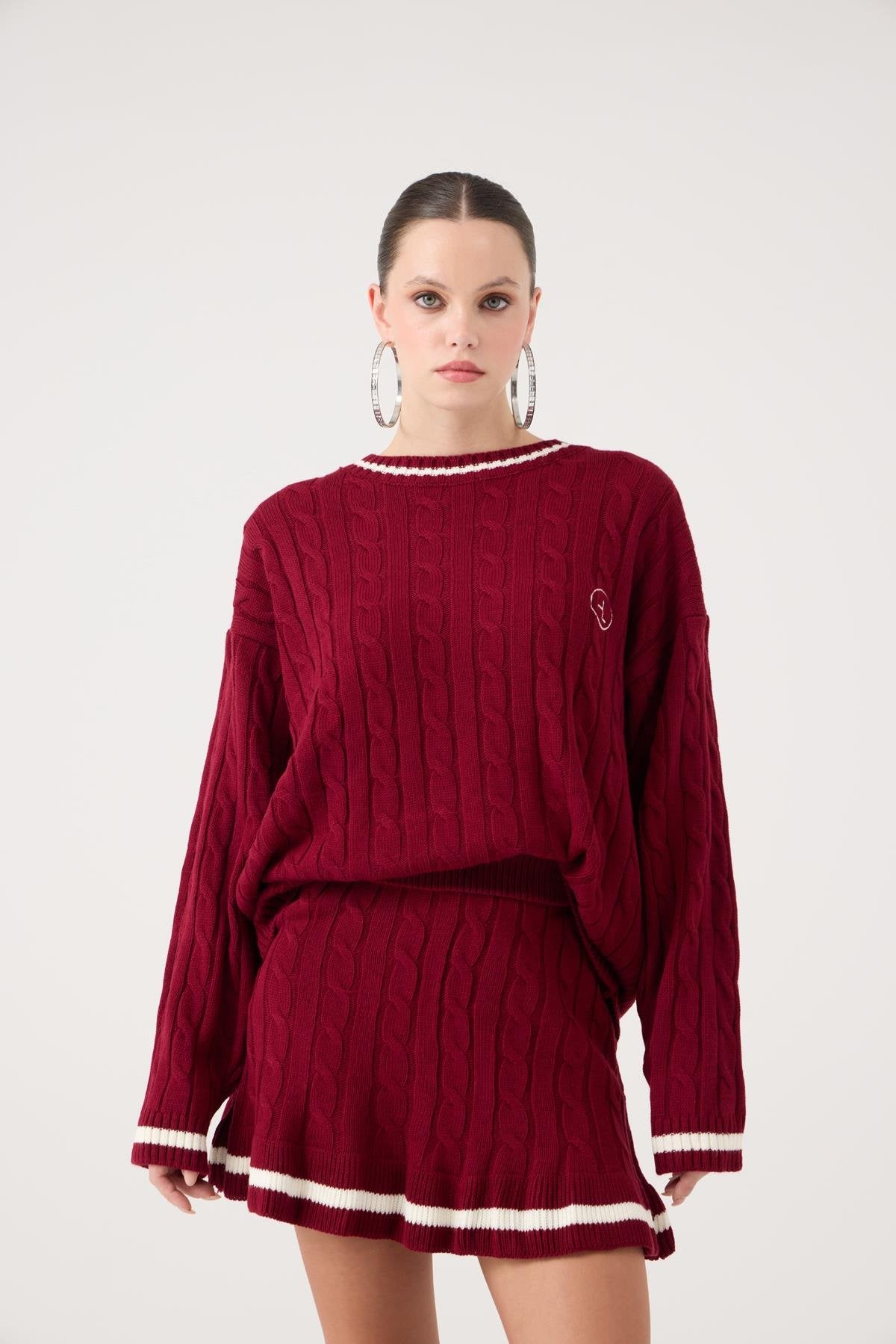 Logolu Örgü Desenli Oversize Triko Harold Kazak Bordo