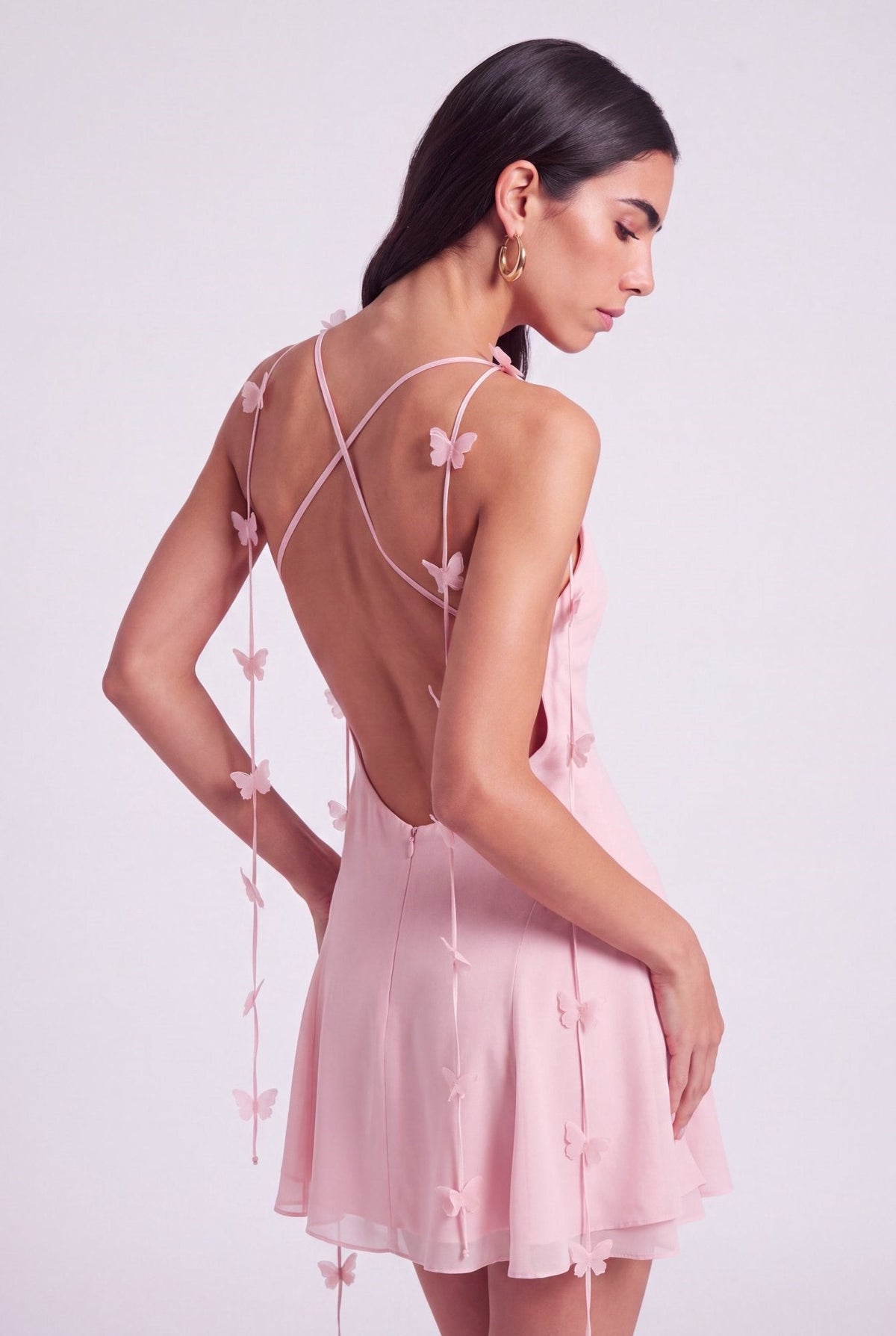 Melanie Çiçek Askılı Sırt Dekolteli Şifon Mini Elbise, Pembe - 2