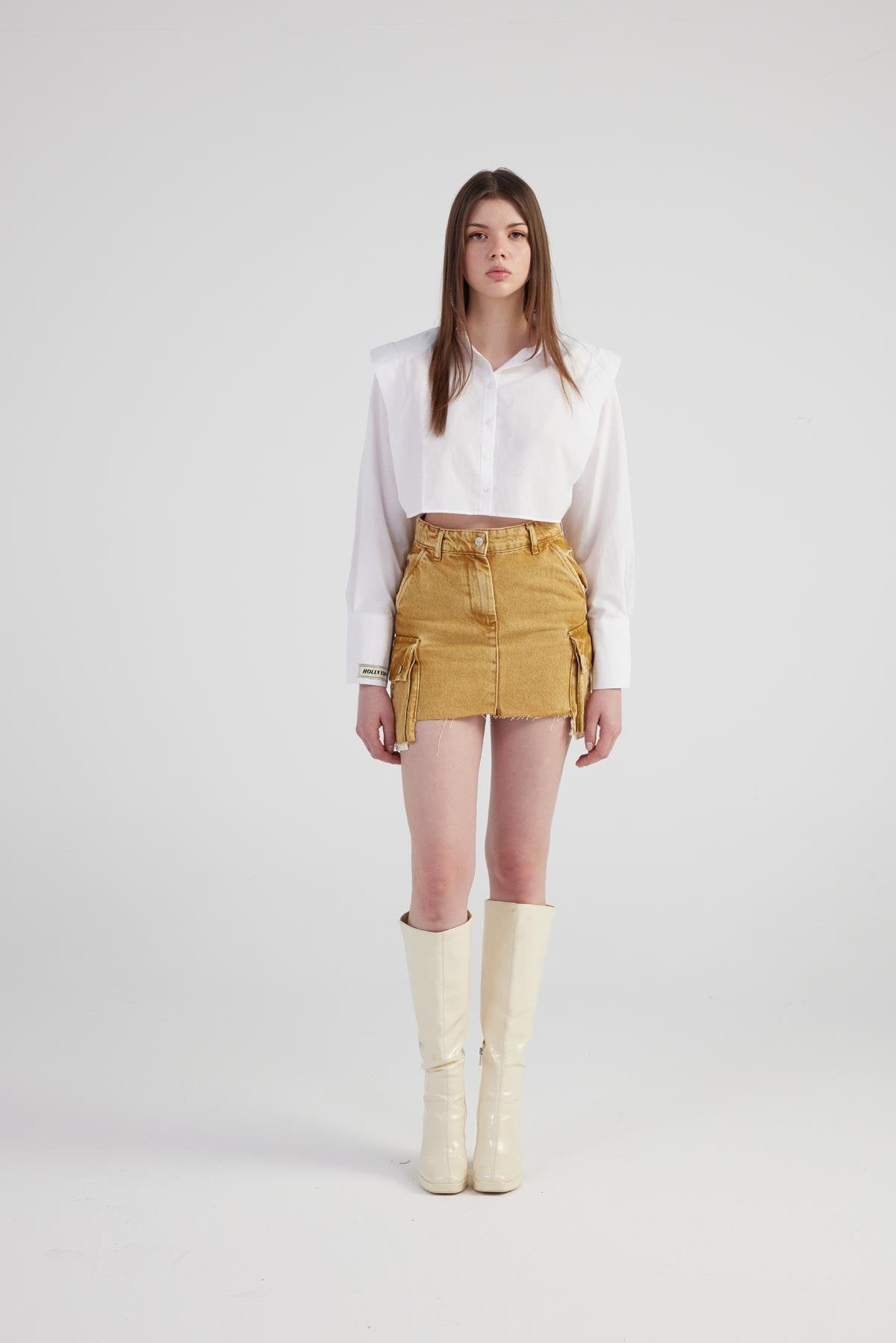 Mermer Desenli Kargo Cep Detaylı Mini Rusted Jean Etek Camel