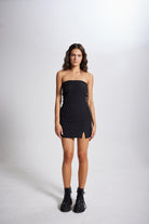 Mini Boy Yırtmaçlı Straplez Soit Elbise Siyah
