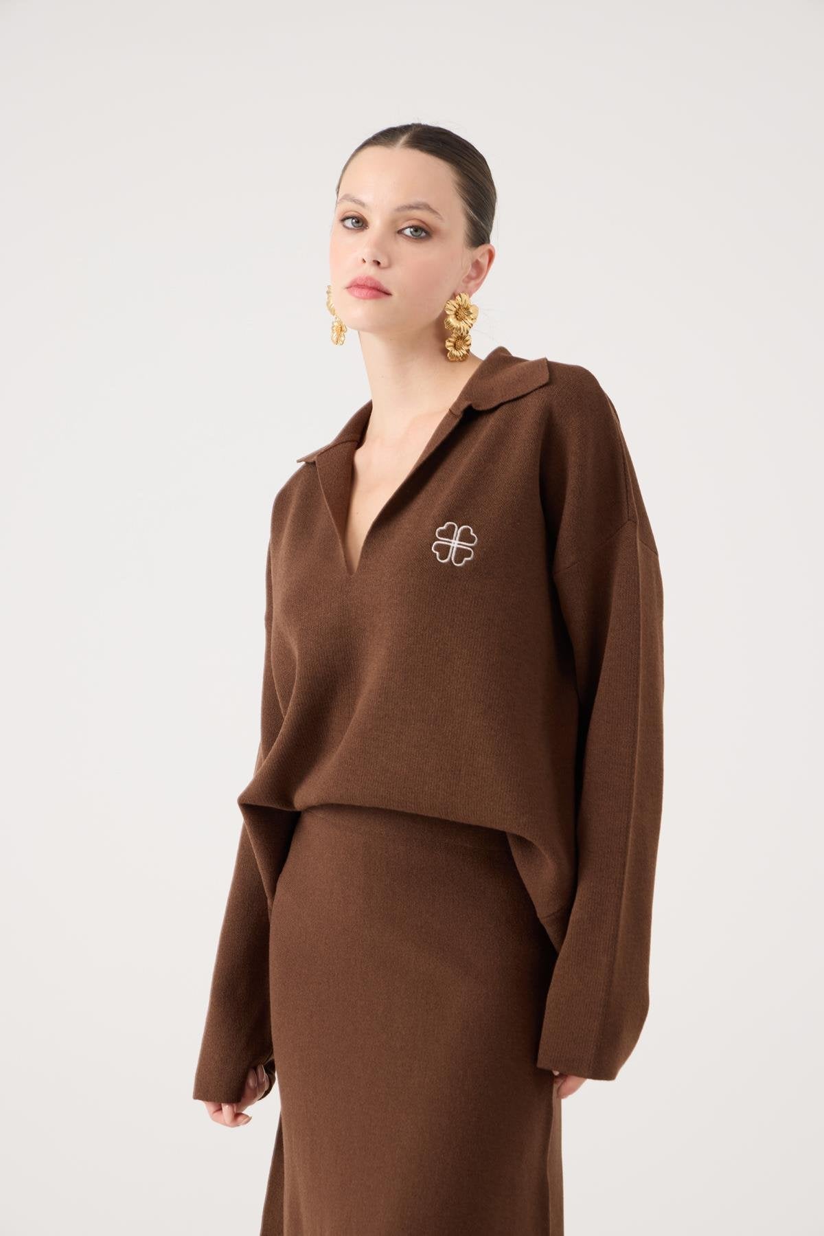 Oversize Kesim Polo Yaka Zoi Triko Kazak Kahve