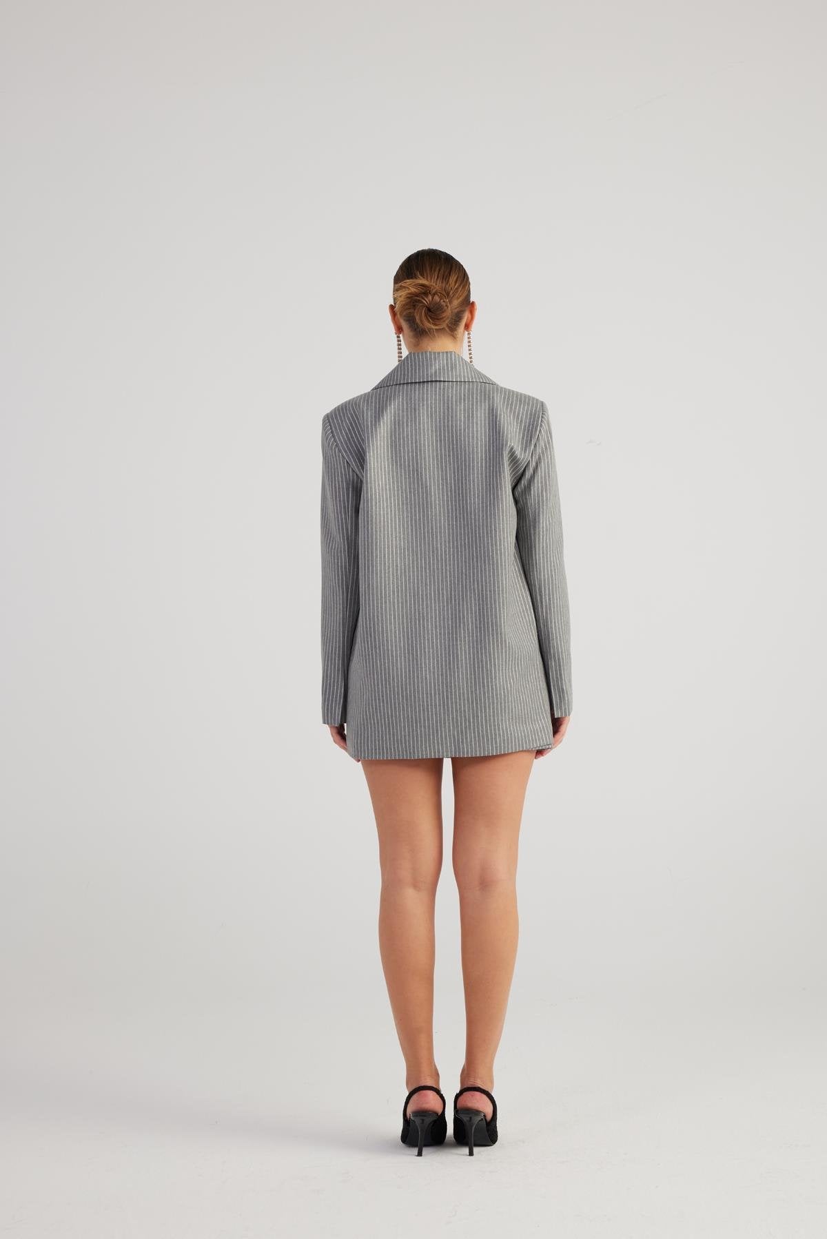 Oversize Kesim Simli Çizgili Eden Blazer Ceket Gri