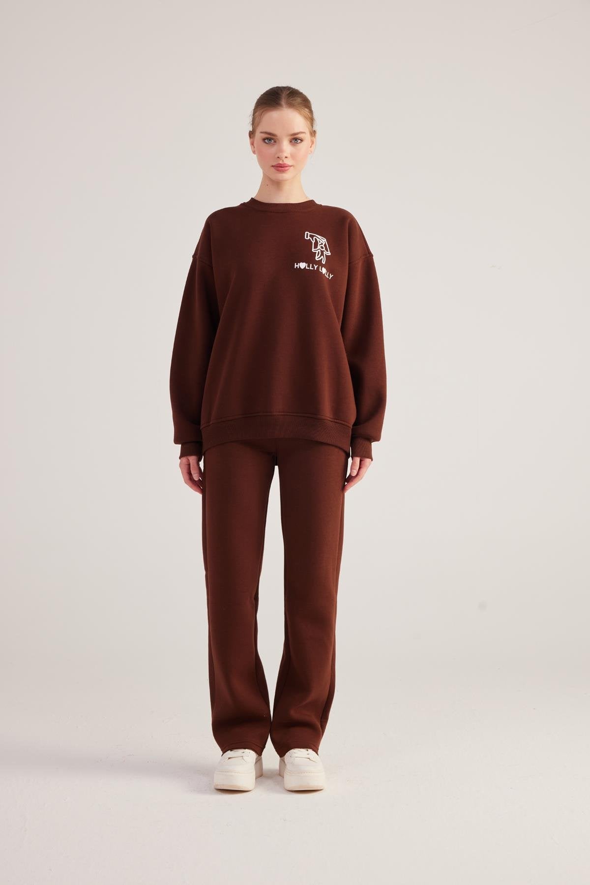 Oversize Kesim Unisex Gaslighting Sweatshirt Kahve