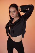 Özel Dokulu Saten Crop Silky Gömlek Siyah