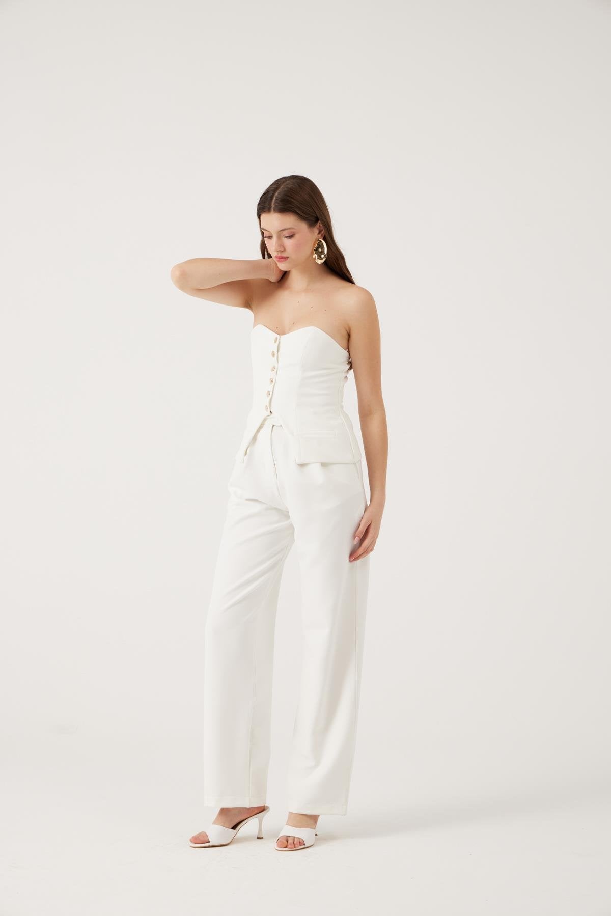 Palazzo Kesim Geniş Paça Harvey Pantolon Beyaz