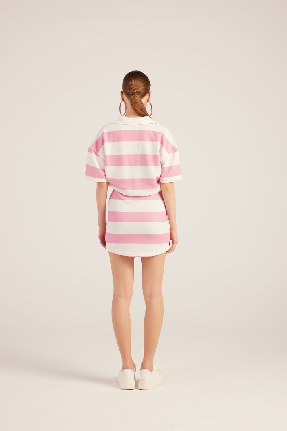 Polo Yaka Çizgili Mini Pamela Elbise Pembe