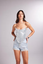 Parlak Kaplamalı Glossy Jean Büstiyer Mavi