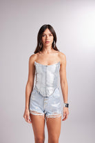 Parlak Kaplamalı Glossy Jean Büstiyer Mavi