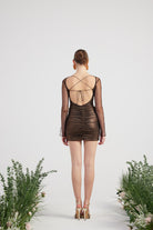 Parlak Kumaşlı Bodysuit Etek Lunor Takım Kahve