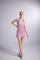 Parlak Kumaşlı Büzgülü Mini Starry Elbise Pembe