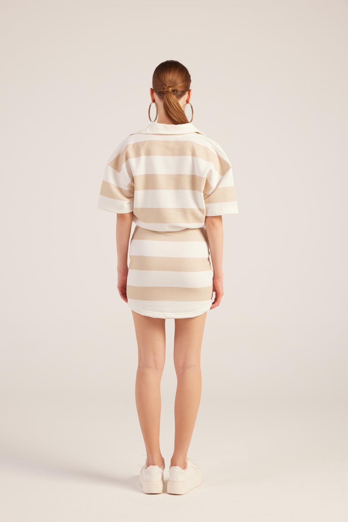Polo Yaka Çizgili Mini Pamela Elbise Bej
