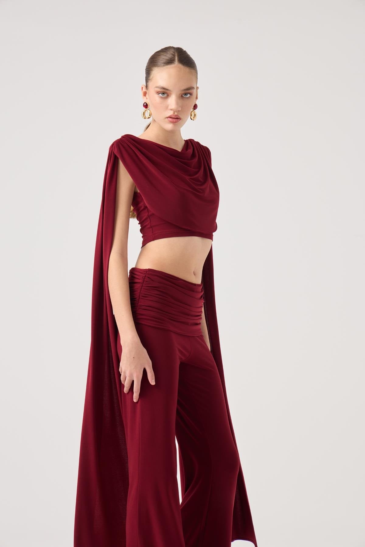 Şal Detaylı Bluz Ve İspanyol Pantolonlu Finley Takım Bordo