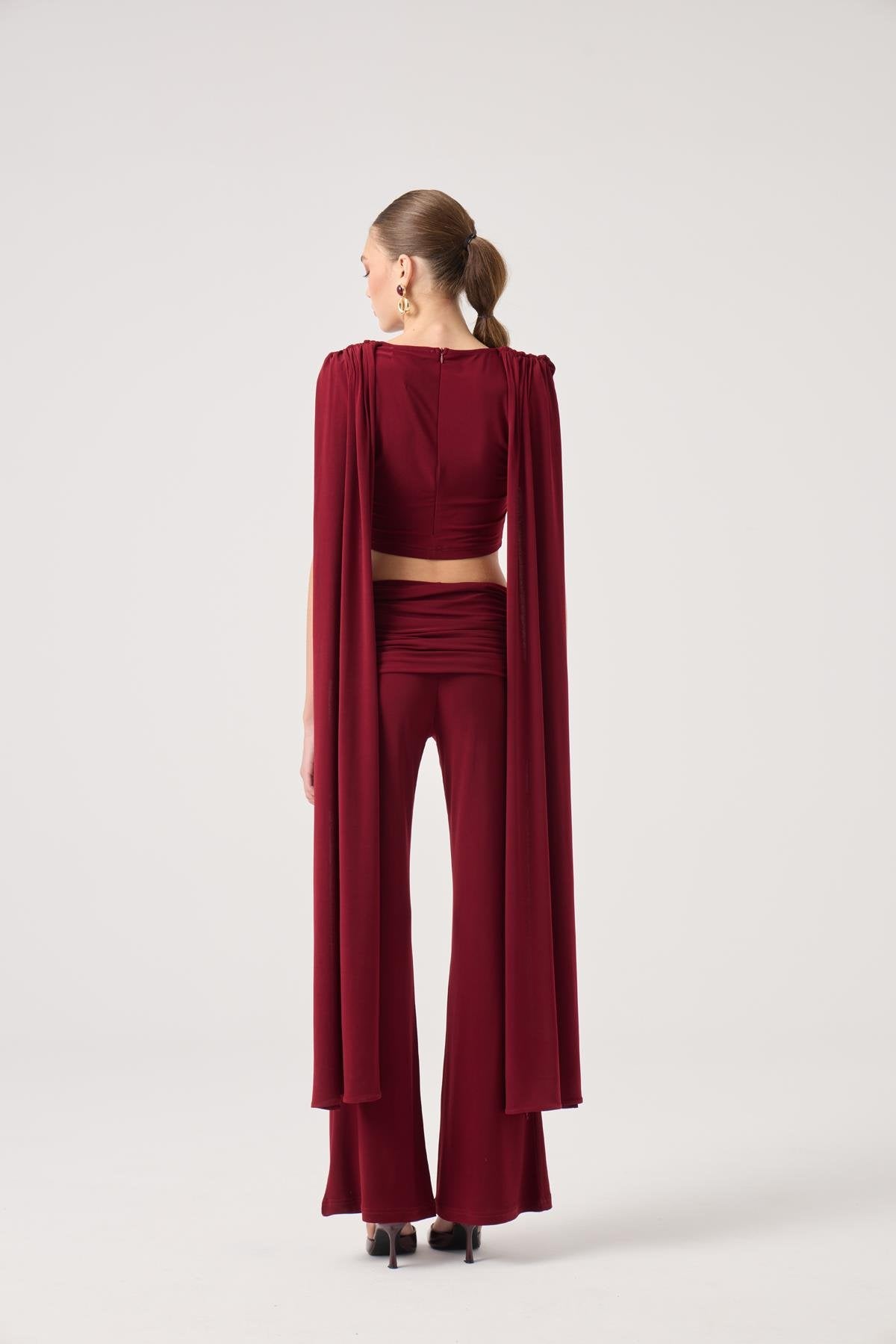 Şal Detaylı Bluz Ve İspanyol Pantolonlu Finley Takım Bordo