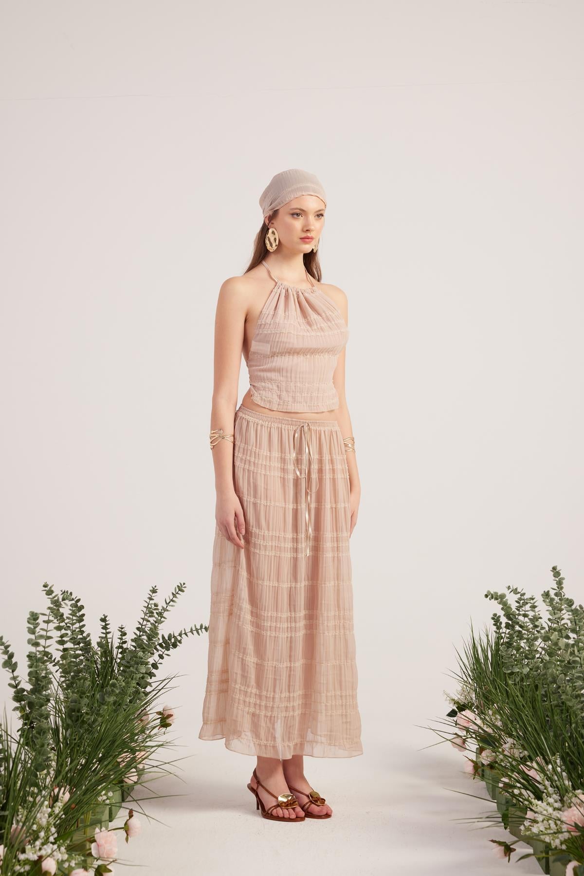 Şal Detaylı Etek Bluz Üçlü Bohemy Takım Bej