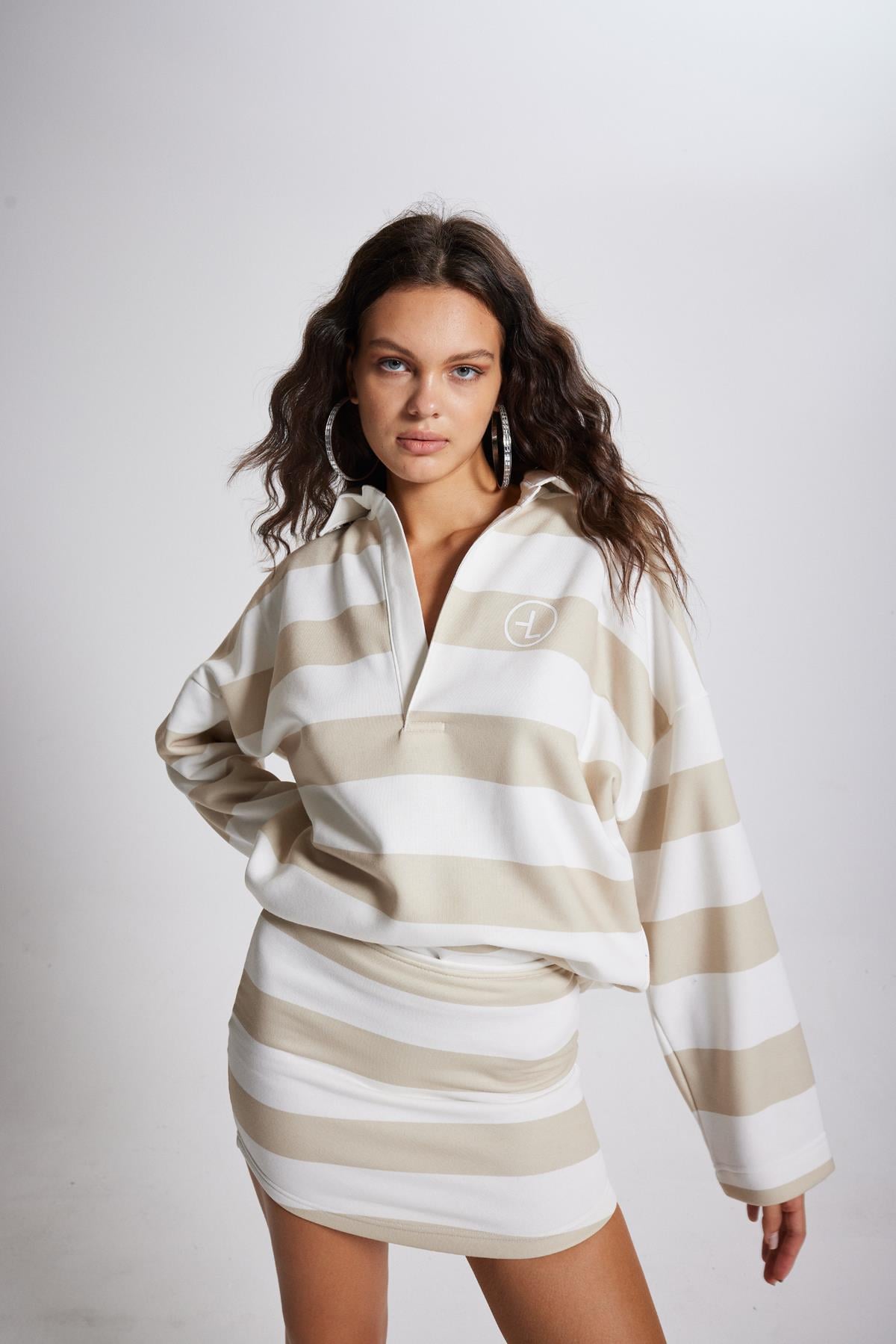 Şardonlu 3 İPlik Kumaş Logolu Fortune Sweatshirt Bej