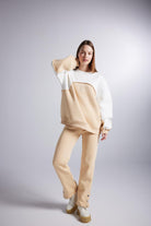 Şardonlu 3 İplik Kumaş Logolu Oversize Nola Sweatshirt Bej