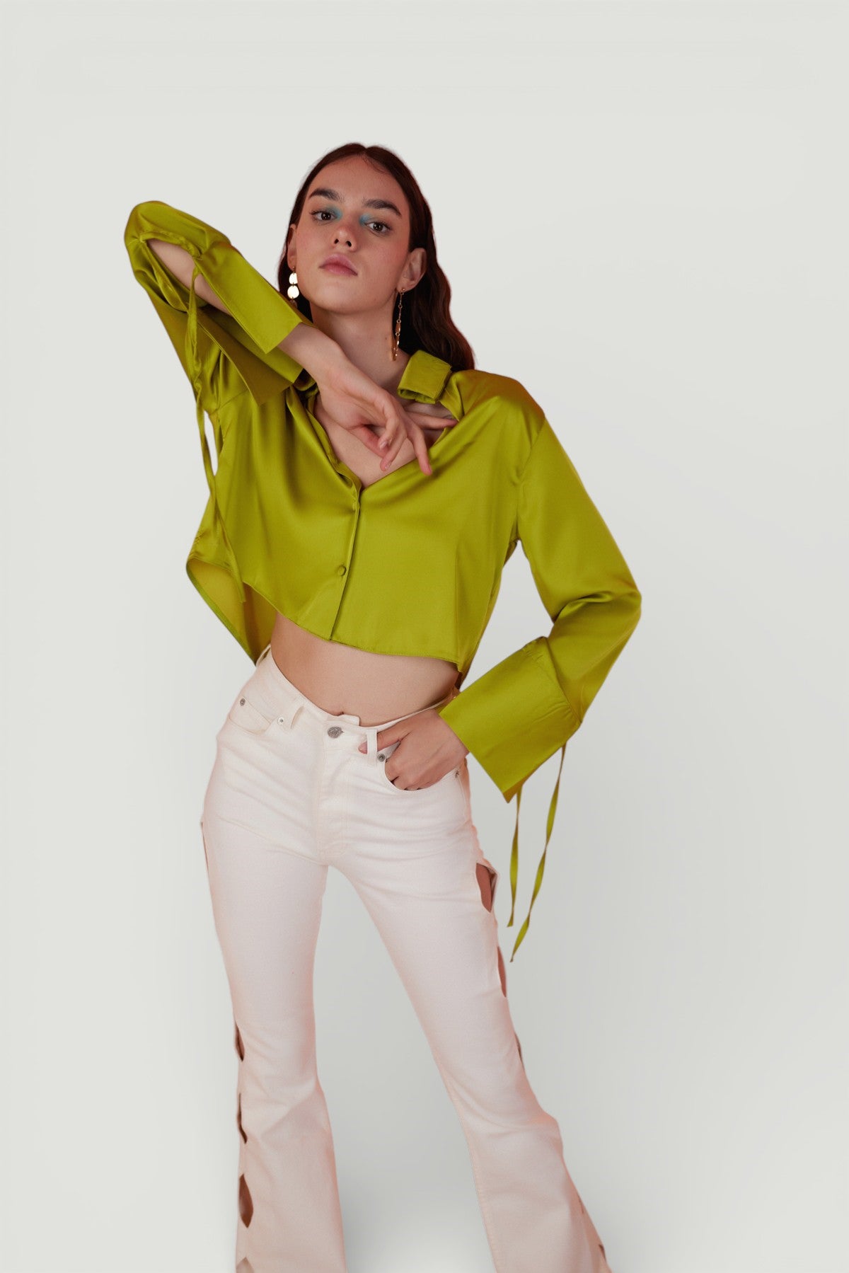 Özel Dokulu Saten Crop Silky Gömlek Yeşil