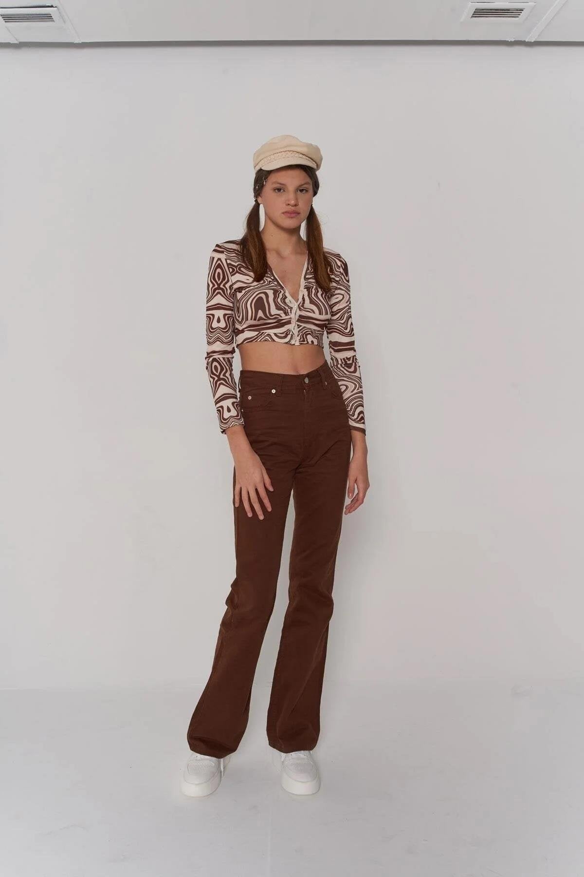 Slim Flare Yüksek Bel Marron Pantolon Kahverengi