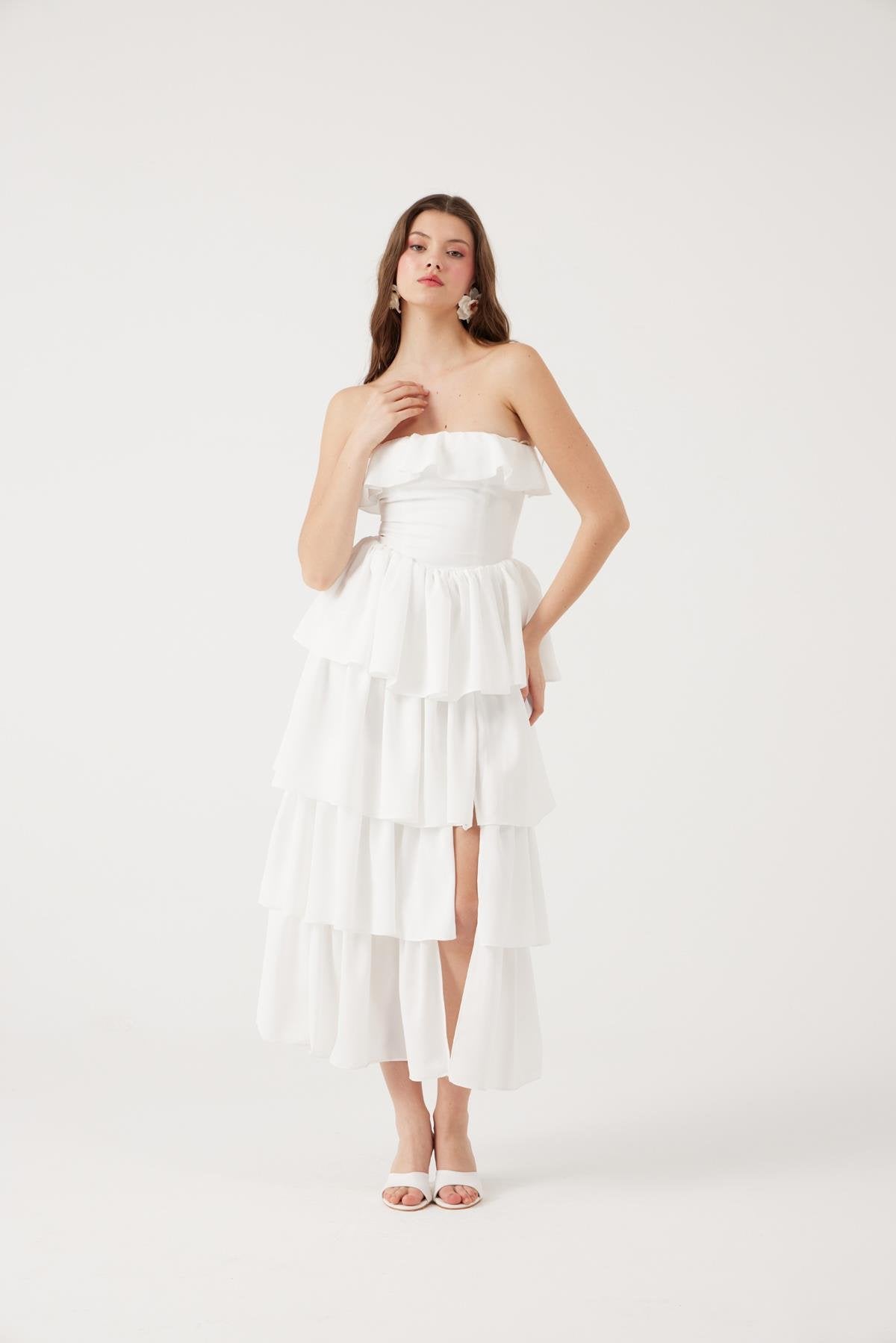 Straplez Fırfırlı Uzun Gracie Elbise Beyaz