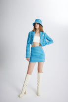 Tüvit Kumaş Crop Tweed Ceket Mavi