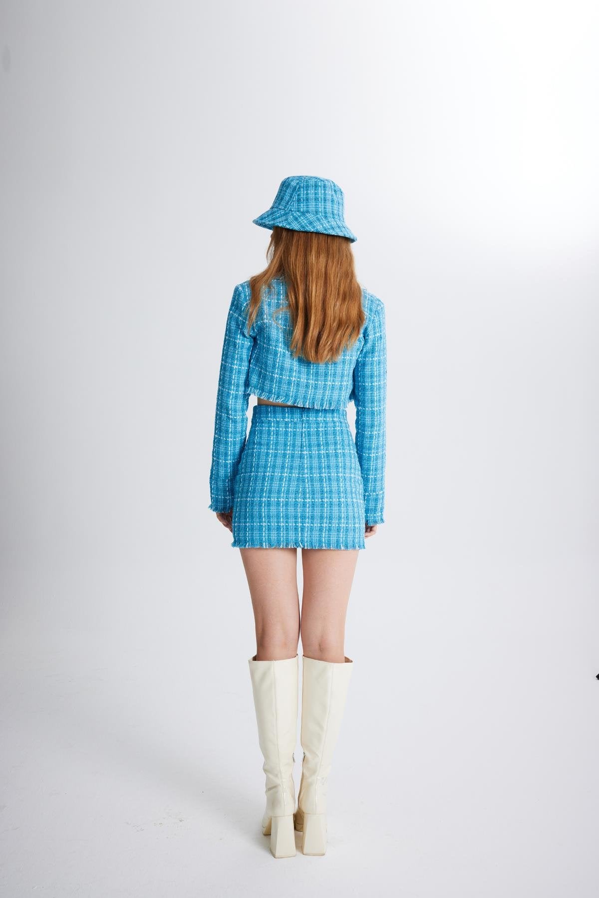 Tüvit Kumaş Crop Tweed Ceket Mavi