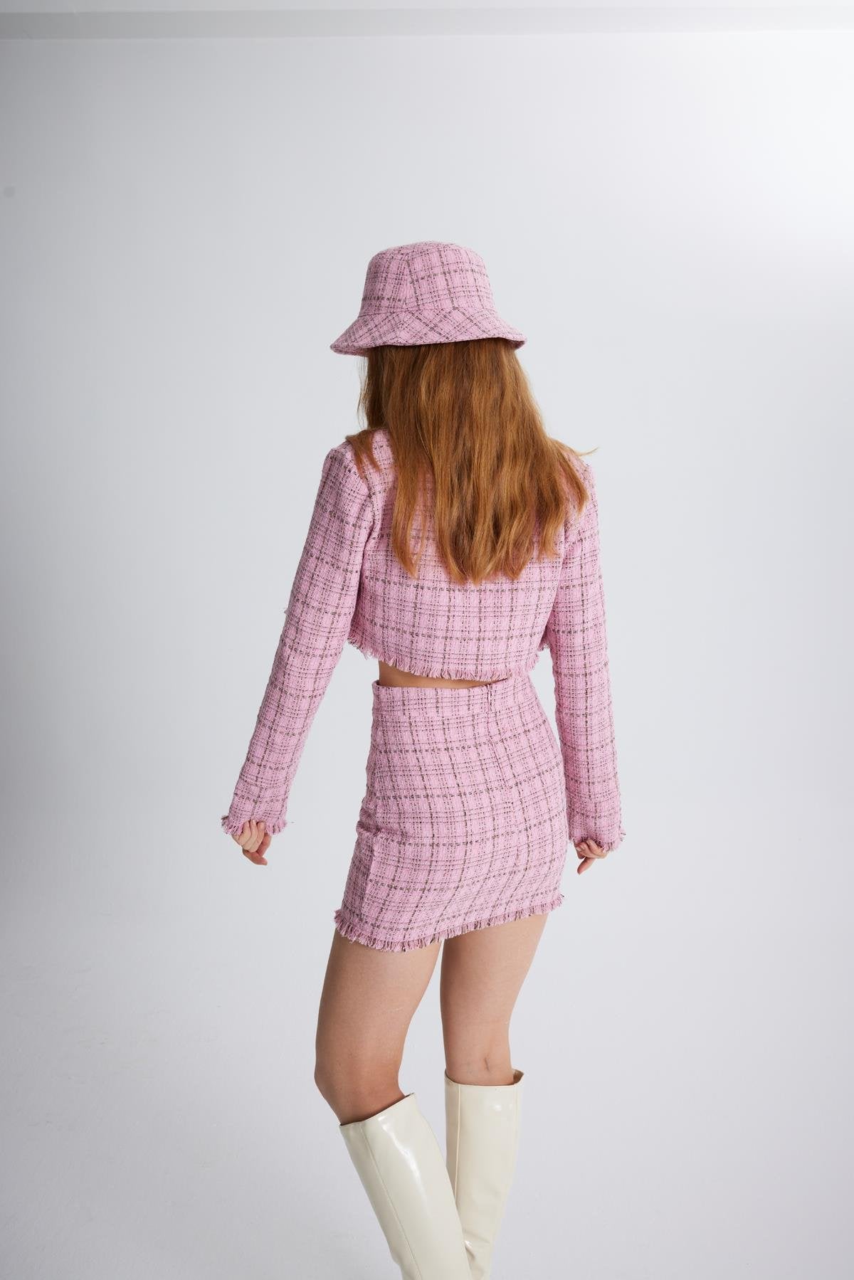 Tüvit Kumaş Crop Tweed Ceket Pembe