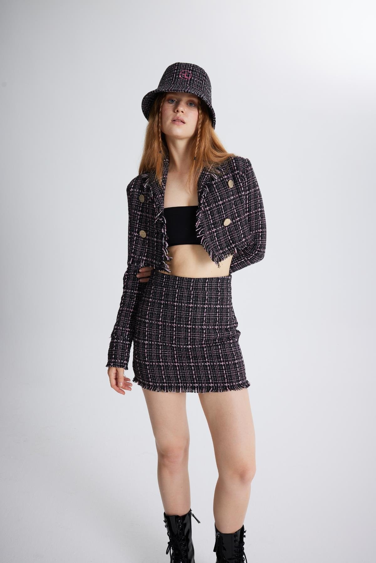 Tüvit Kumaş Crop Tweed Ceket Siyah