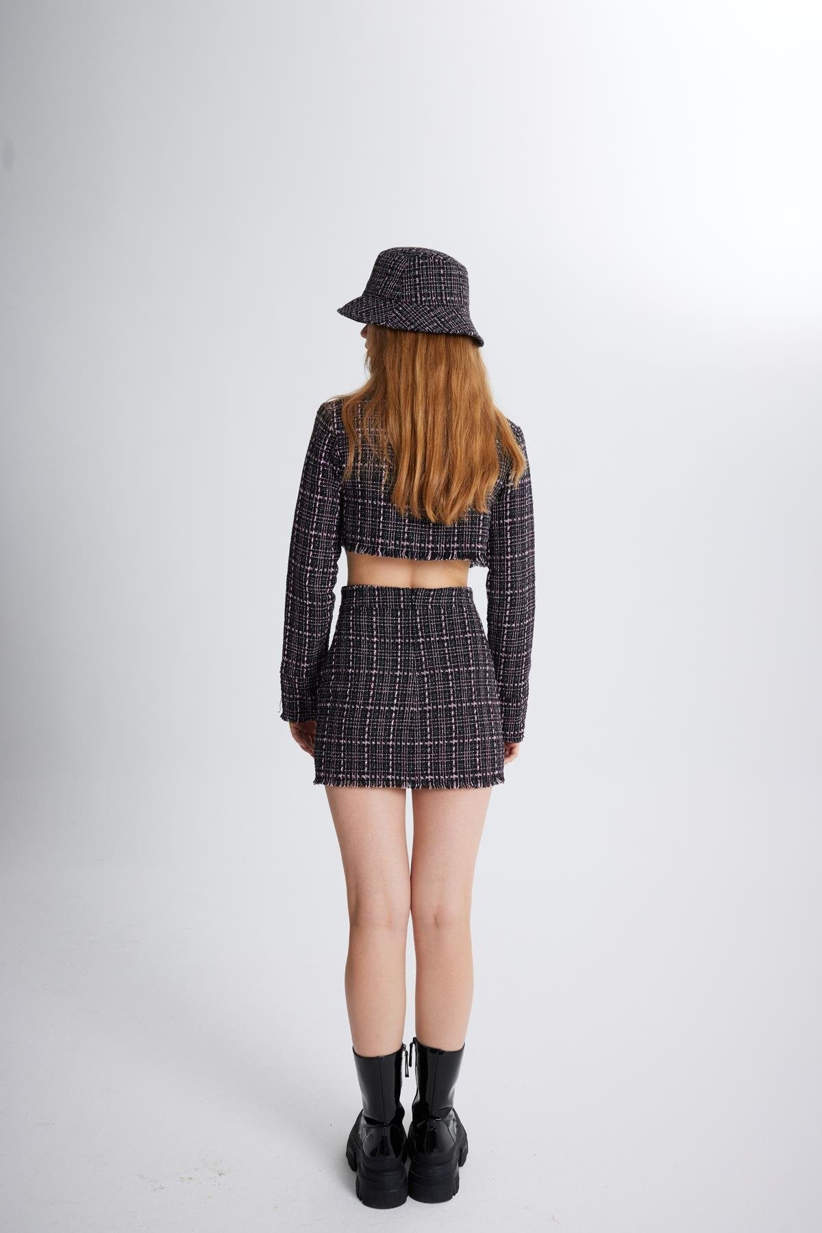 Tüvit Kumaş Crop Tweed Ceket Siyah