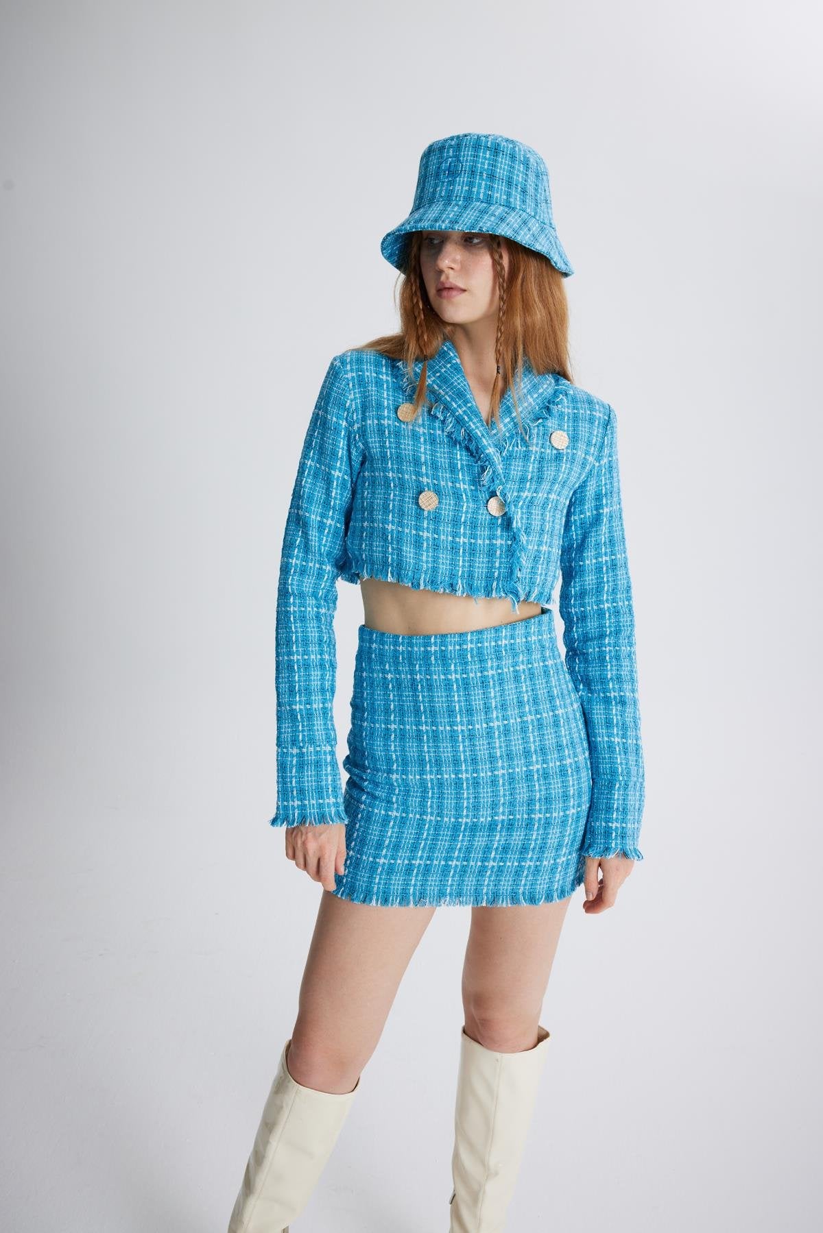 Tüvit Kumaş Mini Tweed Etek Mavi