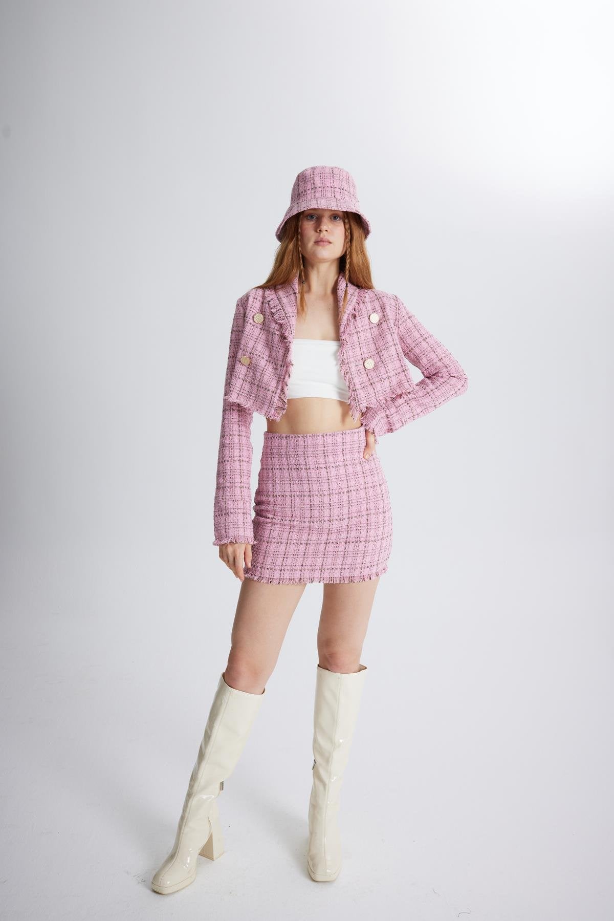 Tüvit Kumaş Mini Tweed Etek Pembe