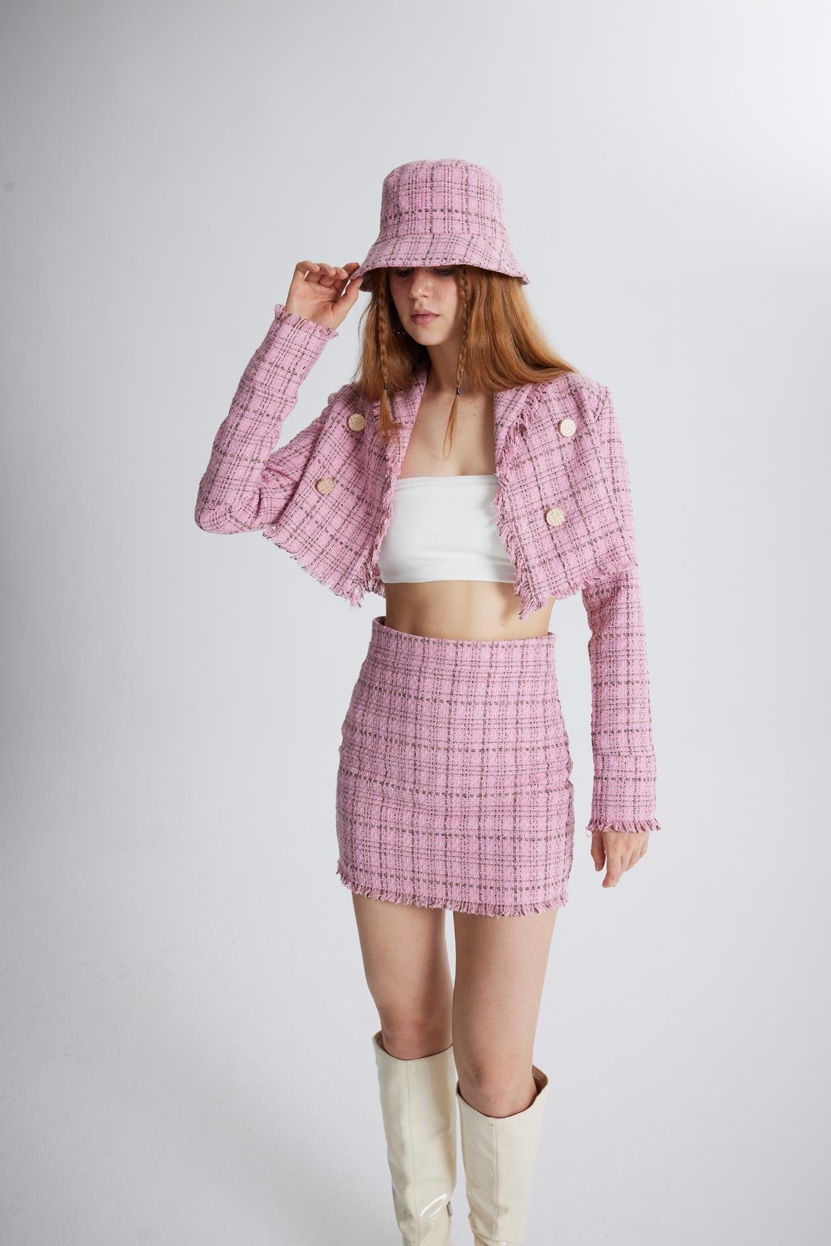 Tüvit Kumaş Mini Tweed Etek Pembe