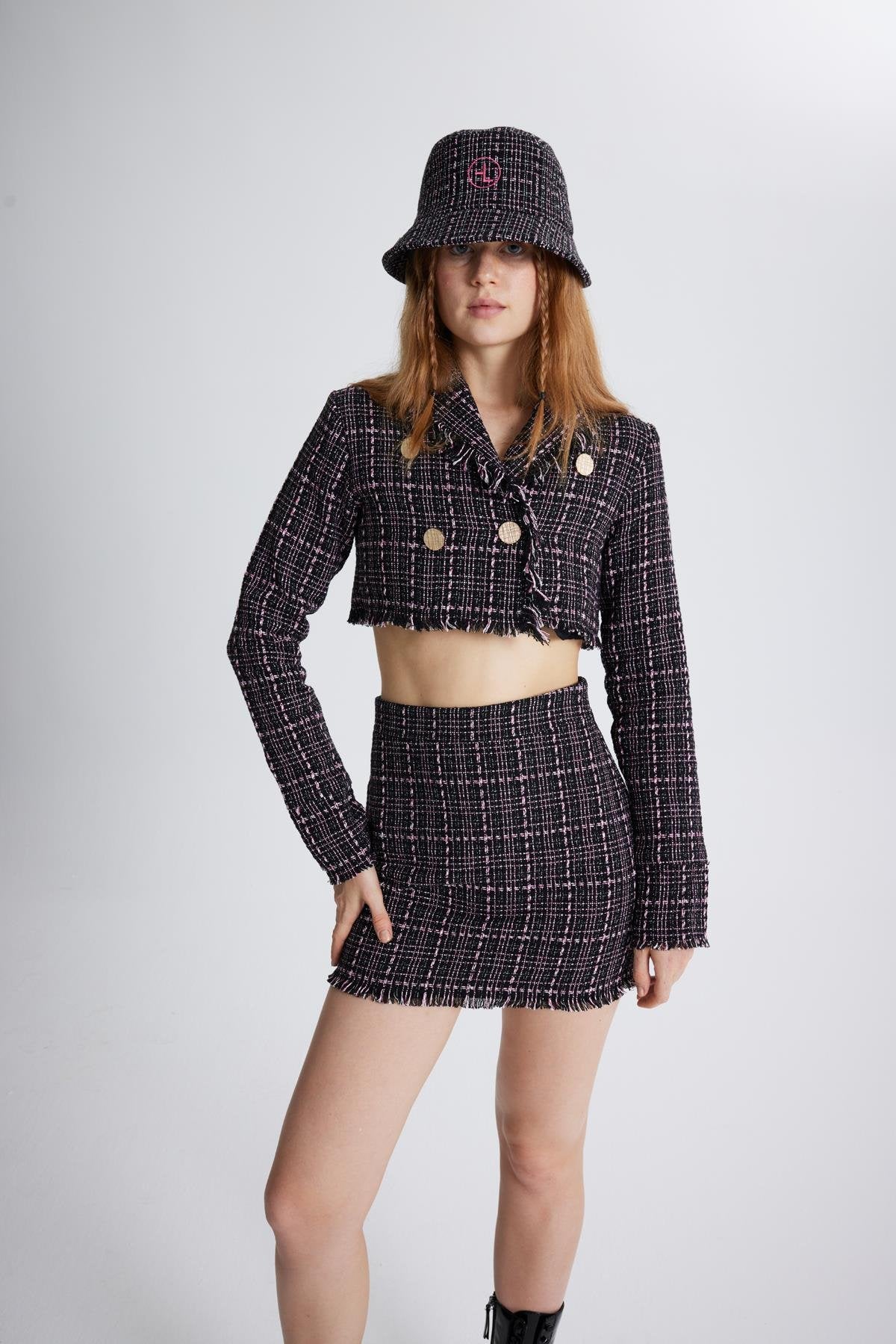 Tüvit Kumaş Mini Tweed Etek Siyah