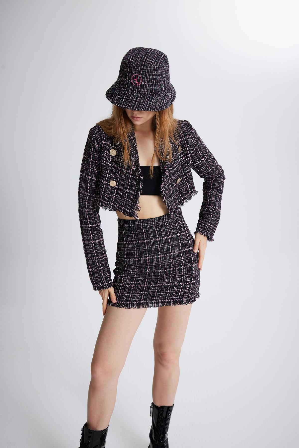 Tüvit Kumaş Mini Tweed Etek Siyah