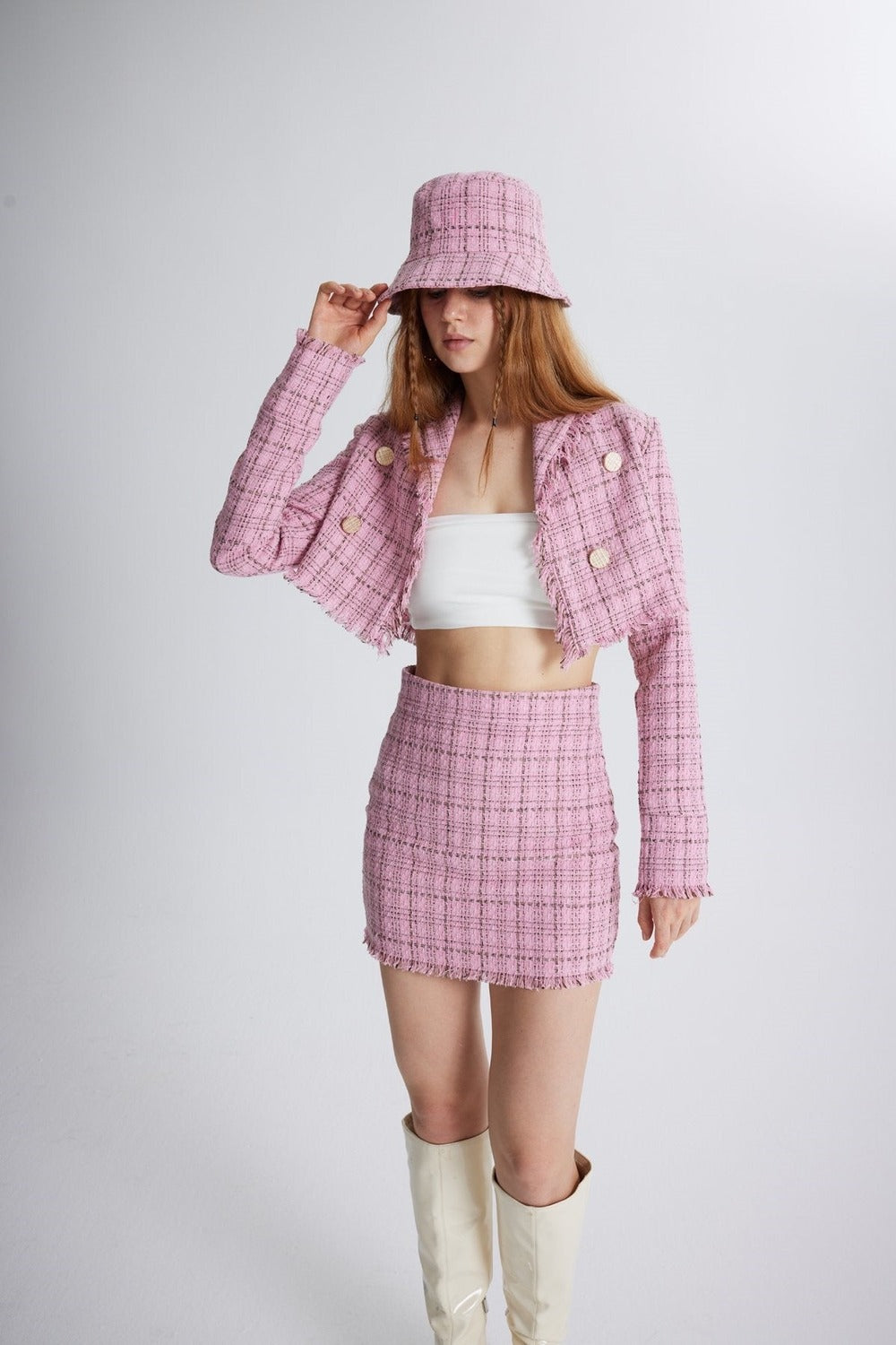 Tüvit Kumaş Mini Tweed Etek Pembe