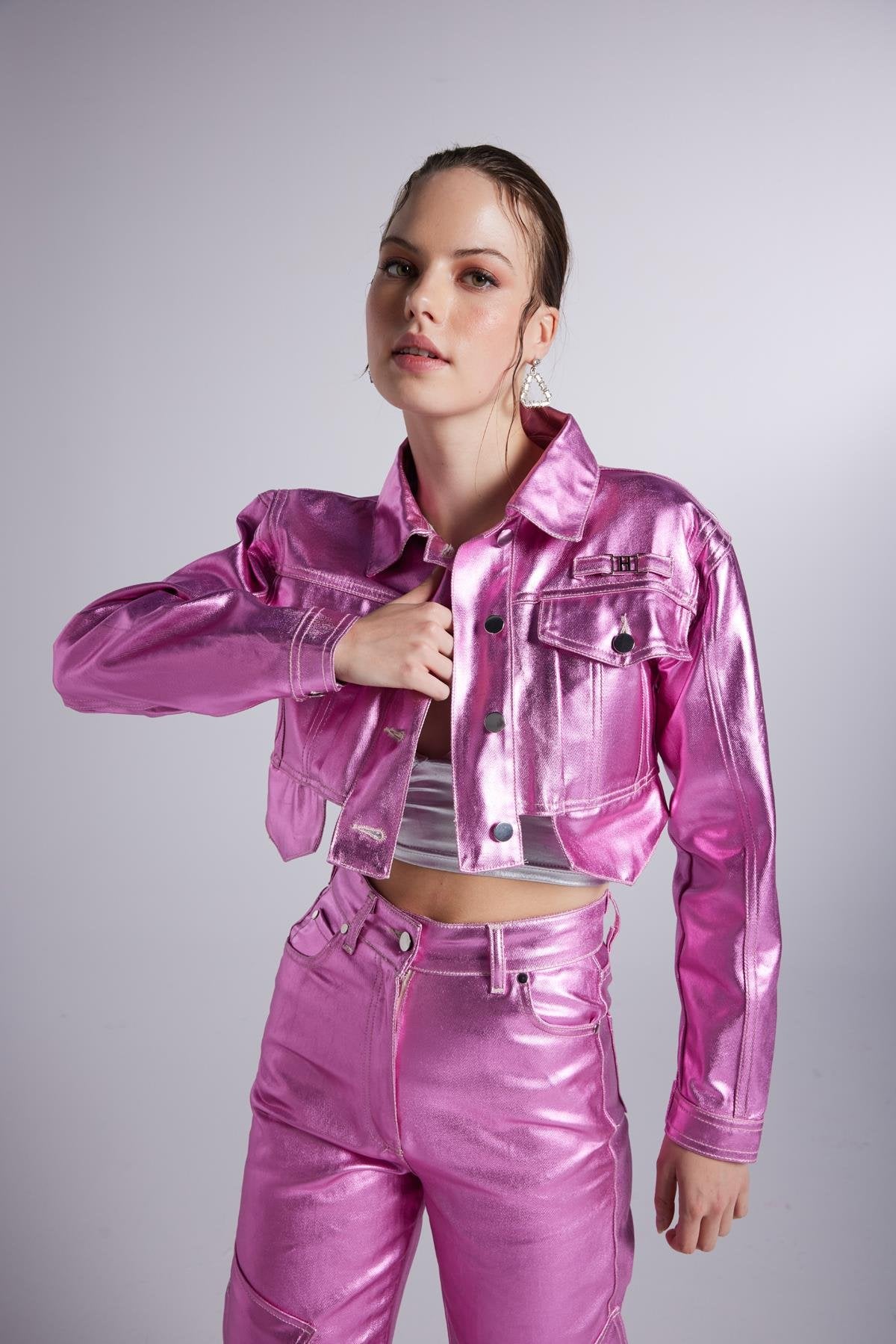 Varak Kaplama Crop Millen Ceket Pembe