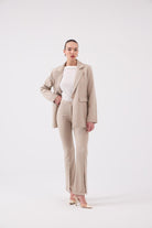 Vatkalı Astarlı Blazer Striped Blazer Ceket Bej