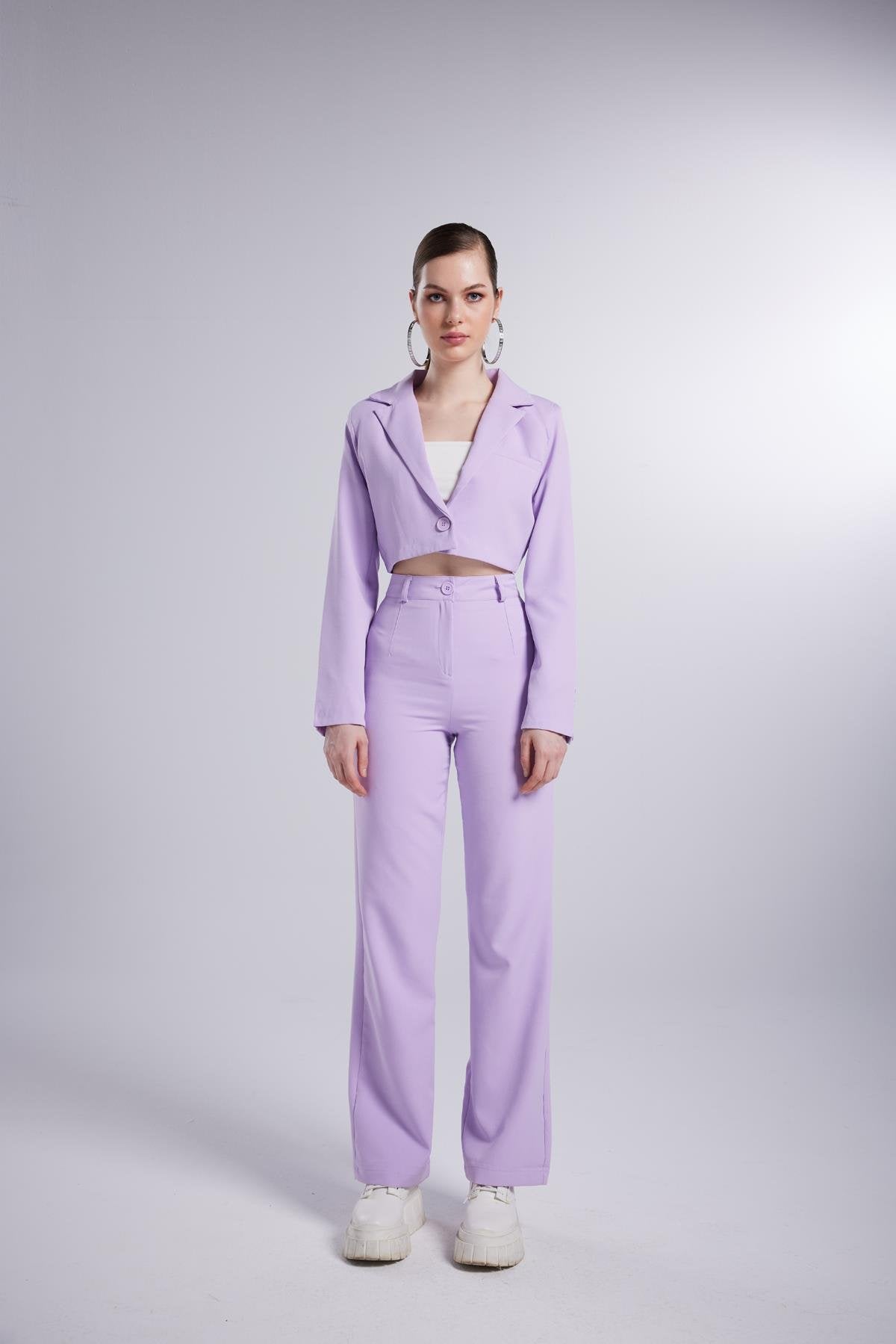 Vatkalı Atlas Kumaş Crop Model Panky Ceket Lila