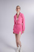 Vatkalı Atlas Kumaş Crop Model Panky Ceket Pembe