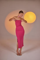 Yırtmaçlı Straplez Midi Bodycon Elbise Pembe