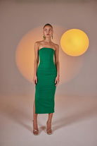 Yırtmaçlı Straplez Midi Bodycon Elbise Yeşil