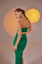 Yırtmaçlı Straplez Midi Bodycon Elbise Yeşil