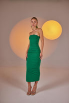 Yırtmaçlı Straplez Midi Bodycon Elbise Yeşil