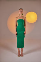Yırtmaçlı Straplez Midi Bodycon Elbise Yeşil